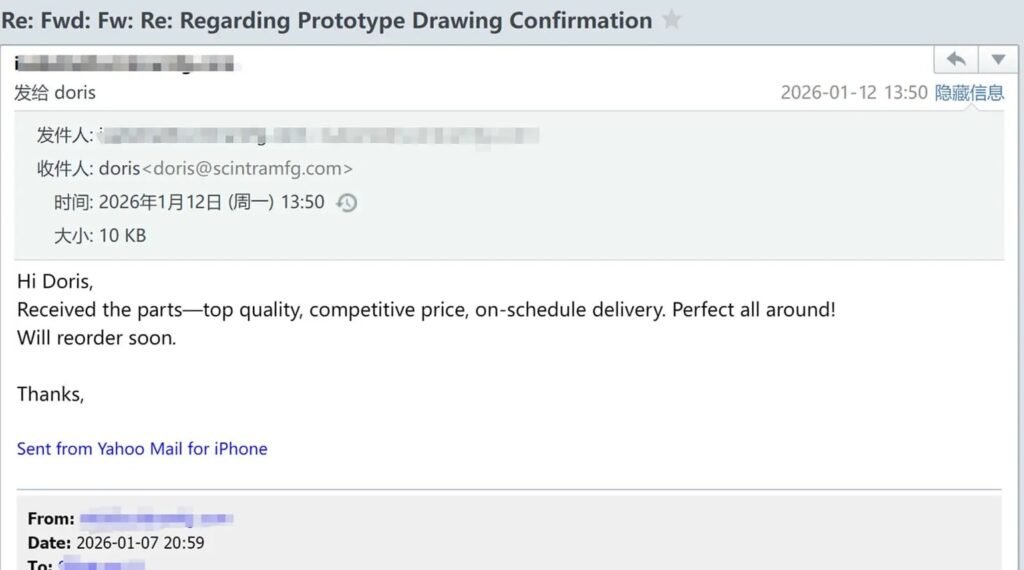 Satisfied customer email review screenshot praising tight high tolerance custom CNC machining service