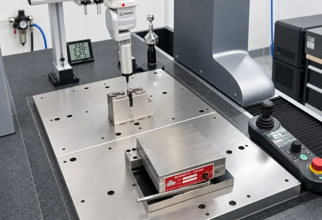 Quality Control cmm coordinate measuring machine inspecting cnc machined metal parts