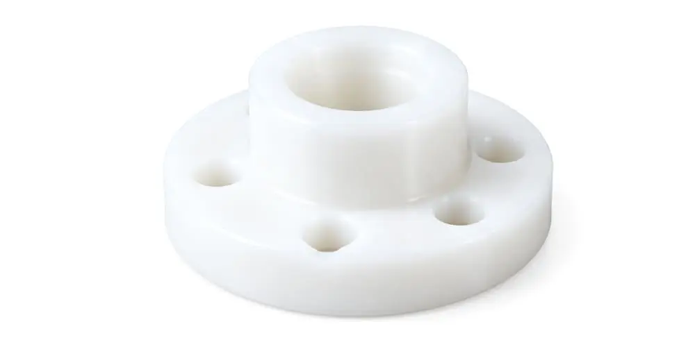 Engineering plastics CNC machined flange component, material overview for POM, PEEK, Nylon and PTFE parts