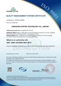 scintra cnc machining iso certificate 9001
