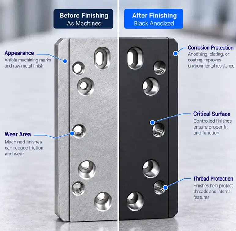 Surface Finishing cnc aluminum parts before after black anodized surface finishing