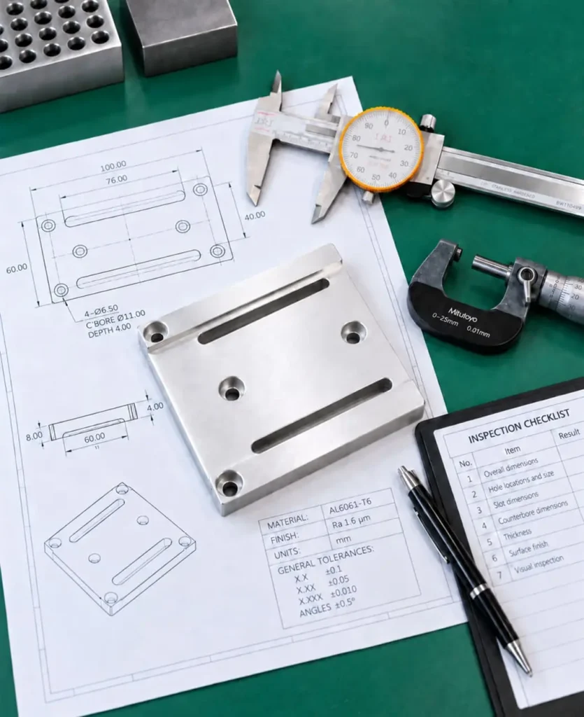 Quality Control cnc aluminum plate dimensional inspection calipers micrometer
