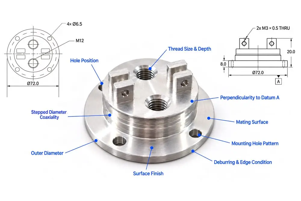 Quality Control custom cnc machined aluminum flange gdt inspection features