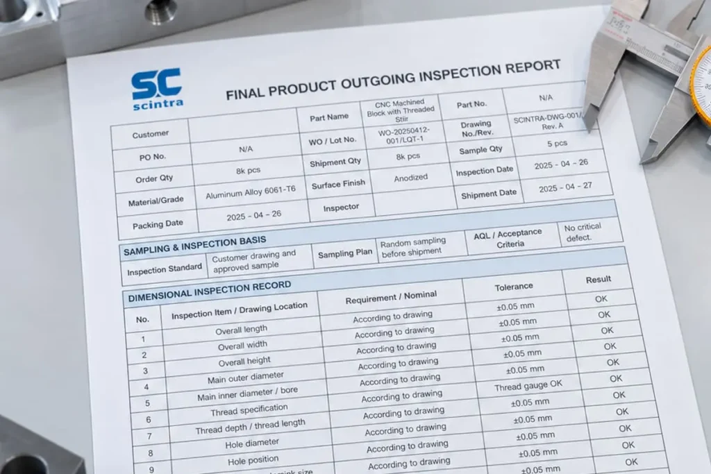 Quality Control inspection documentation cnc machined parts quality reports