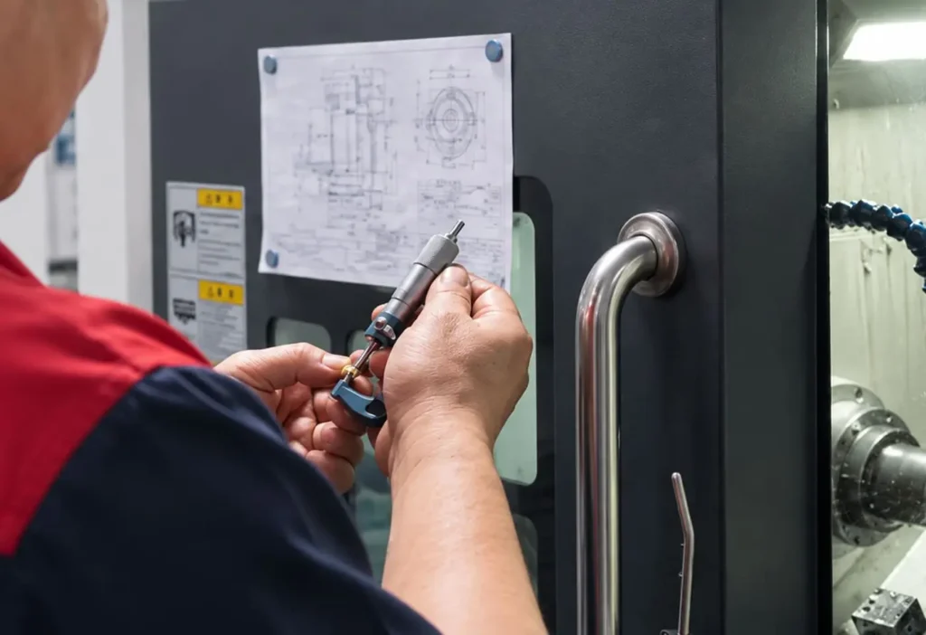 Quality Control CNC machinist measuring workpiece with micrometer next to running CNC lathe, engineering drawing posted on machine cabinet